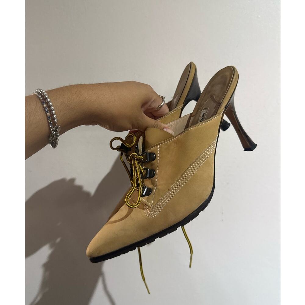Manolo Blahnik y2k Oklamod Tan Nubuck Timberland Lace Up Mule Heels 38 - Picture 5 of 11